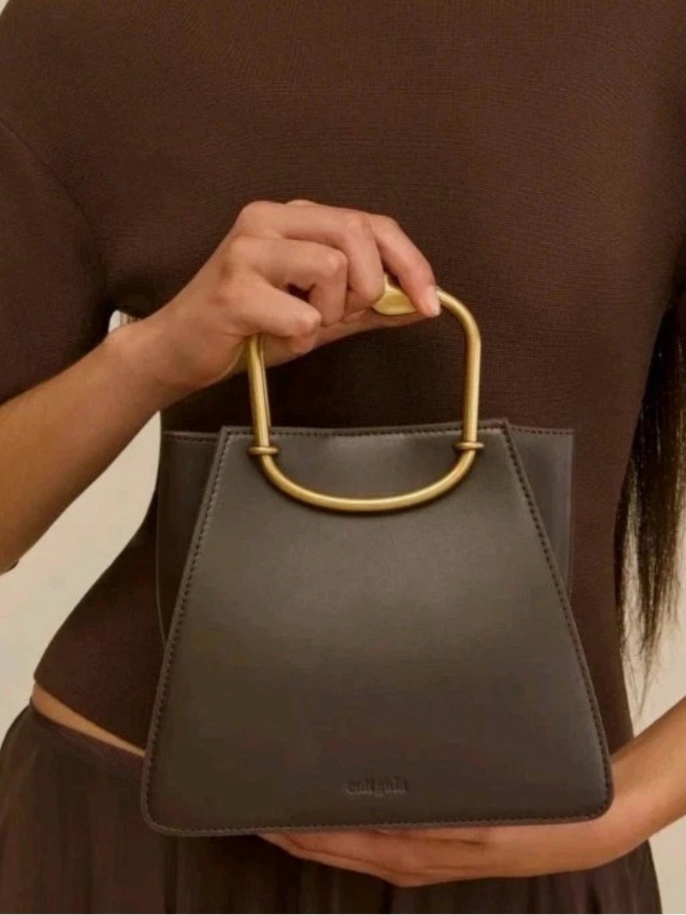 Cult Gaia Maxine Bag in Luwak Chocolate Brown Structured Gold Handle Purse NEW - Picture 2 of 7